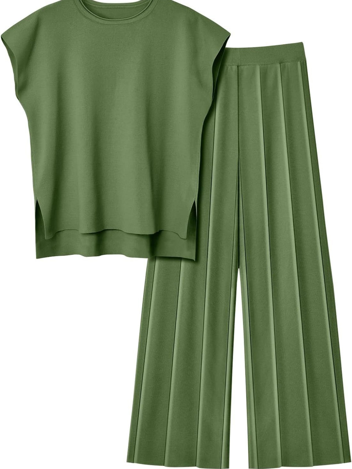 Round Neck Cap Sleeve Top and Pants Knit Set - Fashion BTQ -  - Fashion BTQ