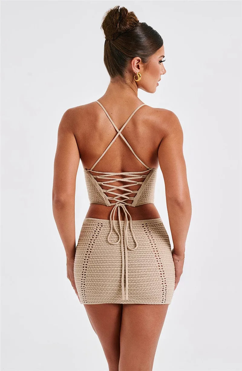 Knit Two-Piece Set: Backless Lace-Up Crop Top & Mini Skirt