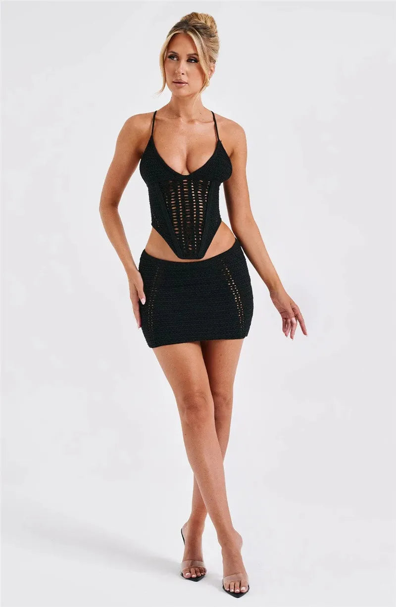 Knit Two-Piece Set: Backless Lace-Up Crop Top & Mini Skirt - Fashion BTQ -  - Fashion BTQ