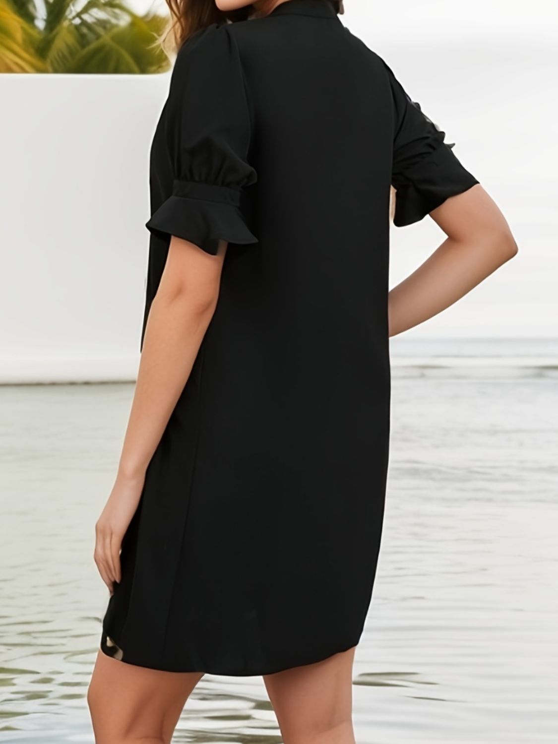 Notched Flounce Sleeve Mini Dress - Fashion BTQ -  - Fashion BTQ