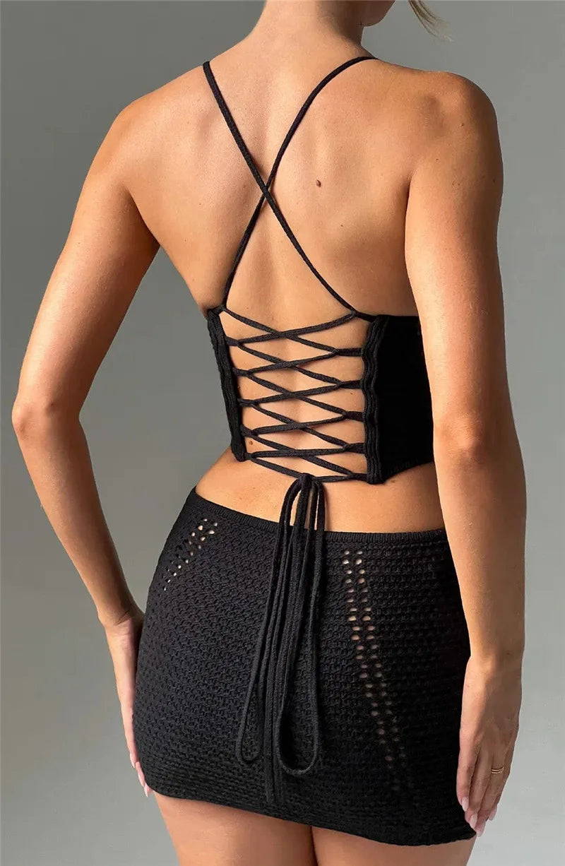 Knit Two-Piece Set: Backless Lace-Up Crop Top & Mini Skirt