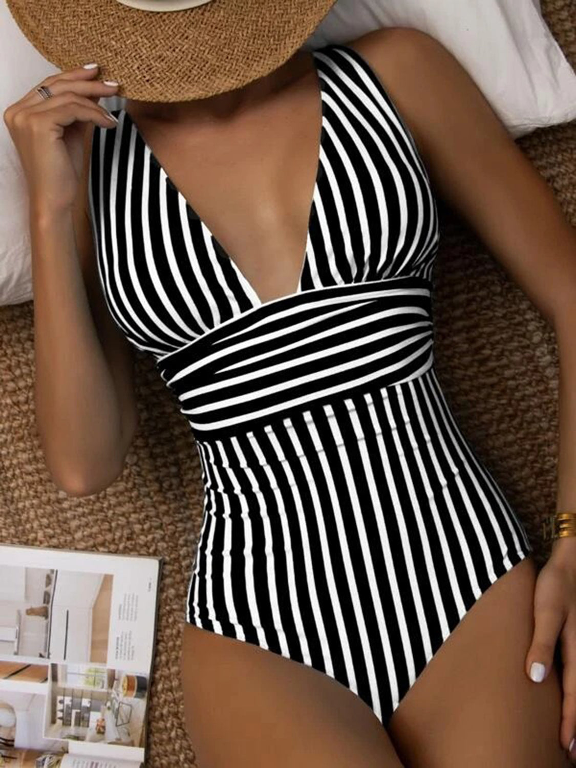 Striped Plunge Sleeveless One-Piece Swimwear - Fashion BTQ