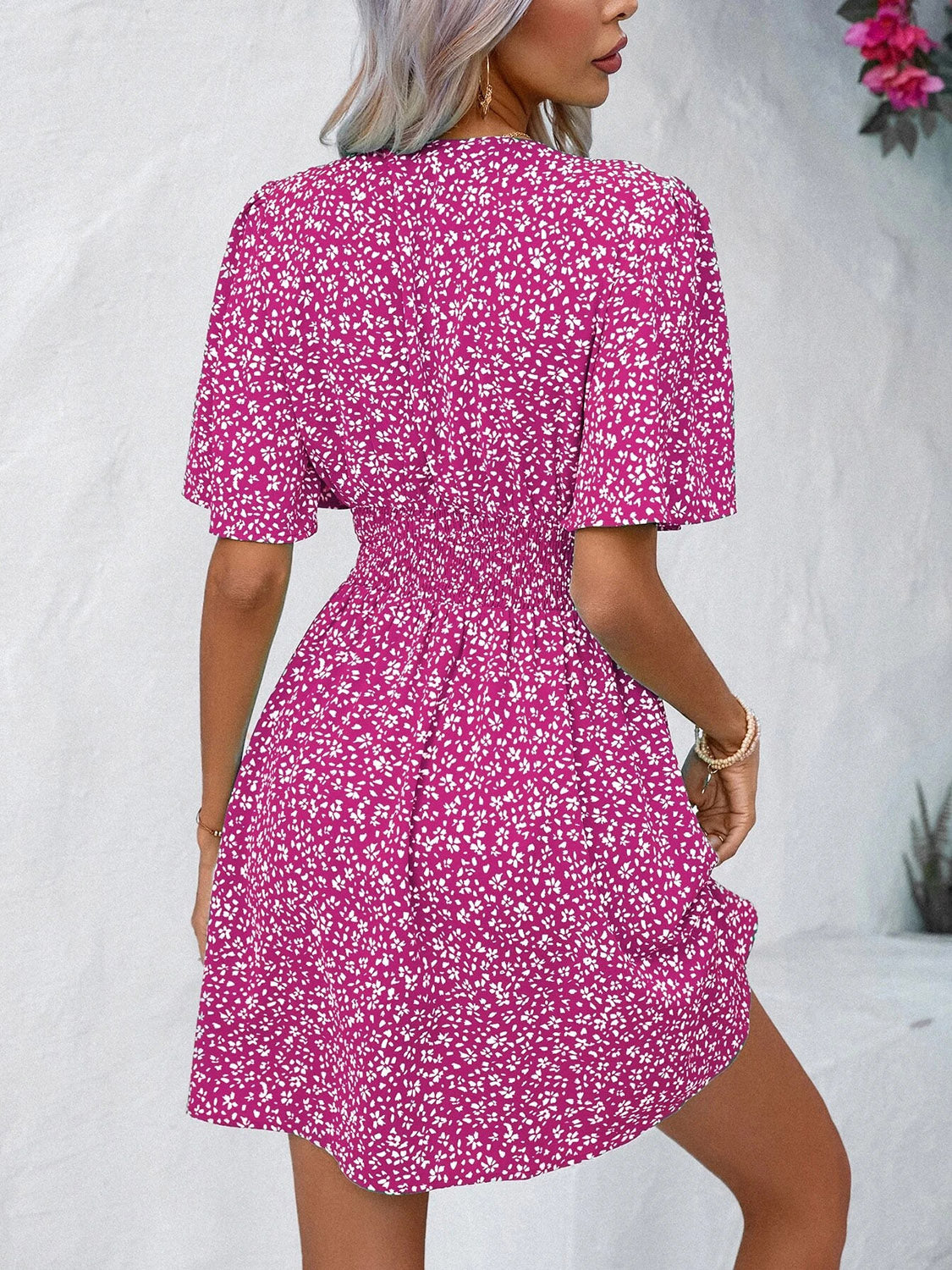 Printed V-Neck Half Sleeve Mini Dress - Fashion BTQ -  - Fashion BTQ