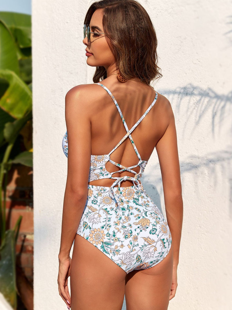 Printed Plunge One-Piece Swimwear and Cover-Up Set - Fashion BTQ -  - Fashion BTQ