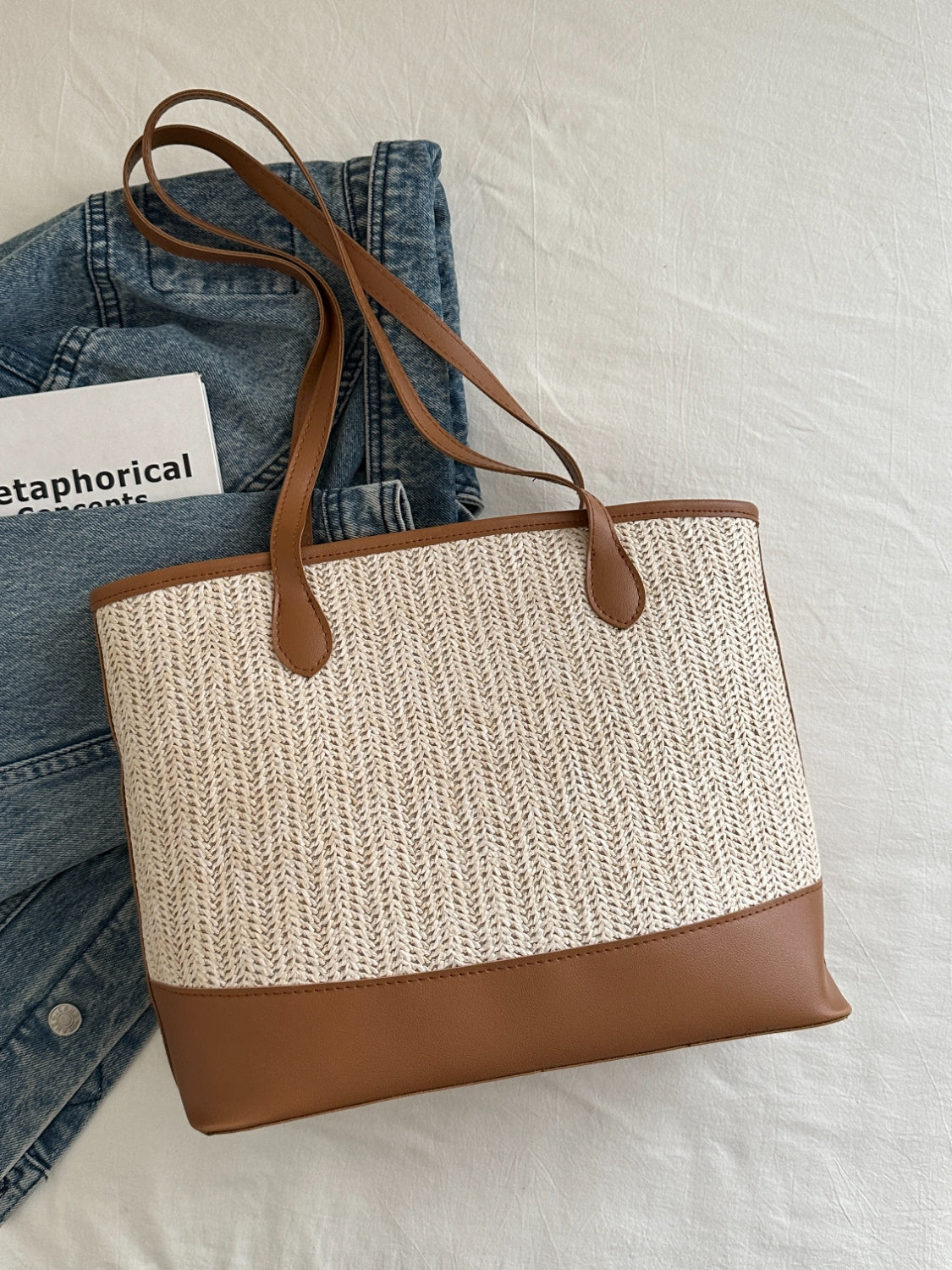 Contrast Straw Woven Tote Bag - Fashion BTQ -  - Fashion BTQ