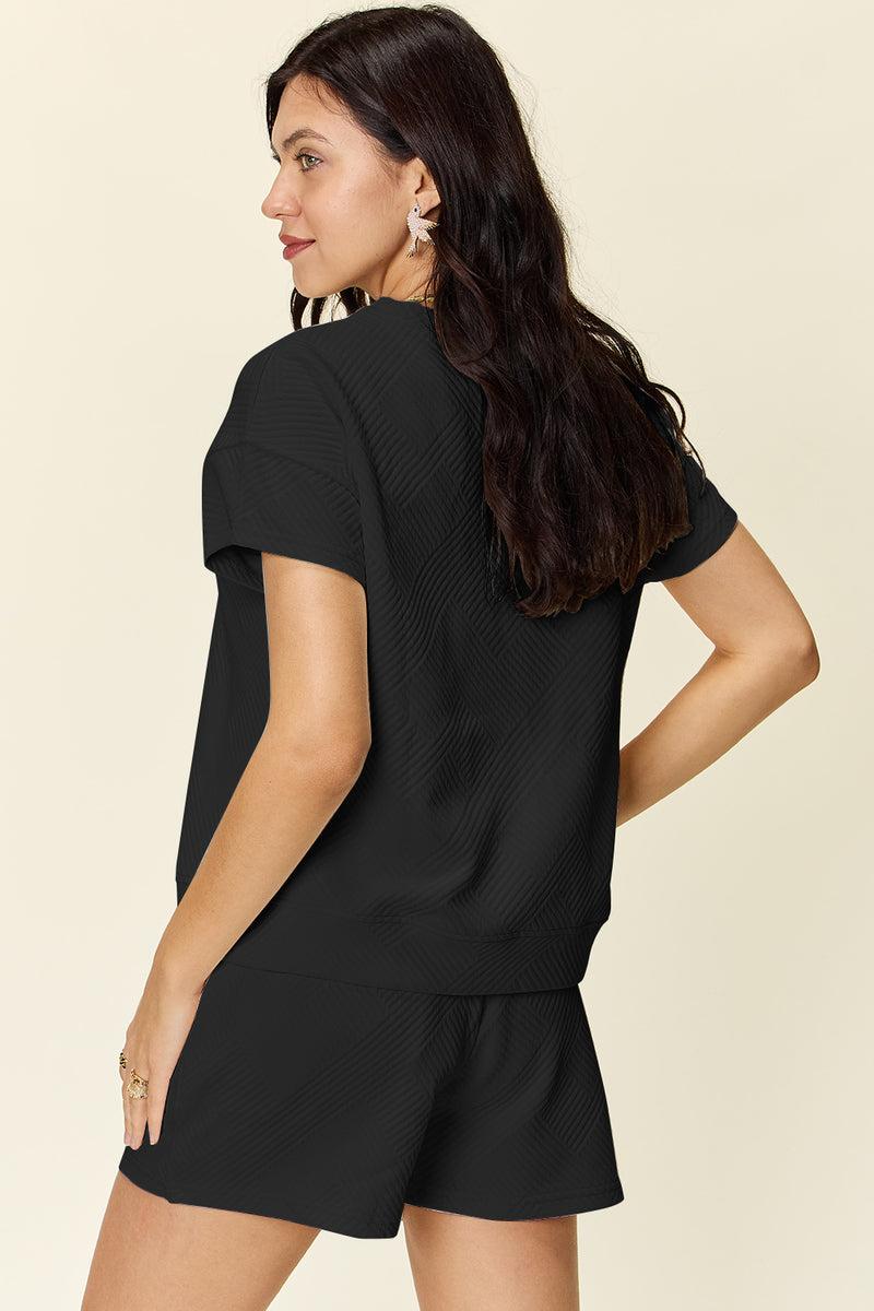 Double Take Full Size Texture Short Sleeve T-Shirt and Drawstring Shorts Set - Fashion BTQ -  - Fashion BTQ