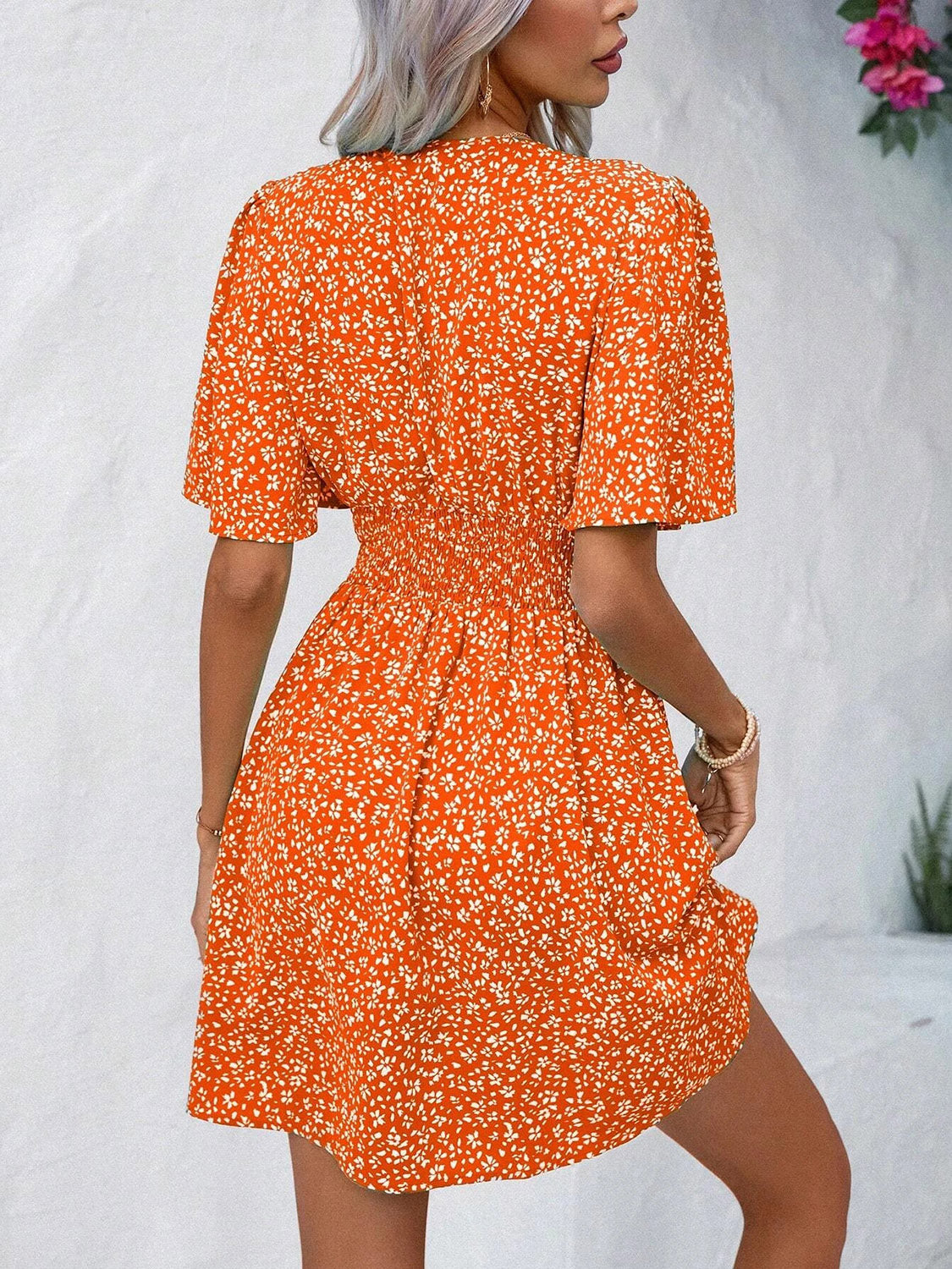 Printed V-Neck Half Sleeve Mini Dress - Fashion BTQ -  - Fashion BTQ
