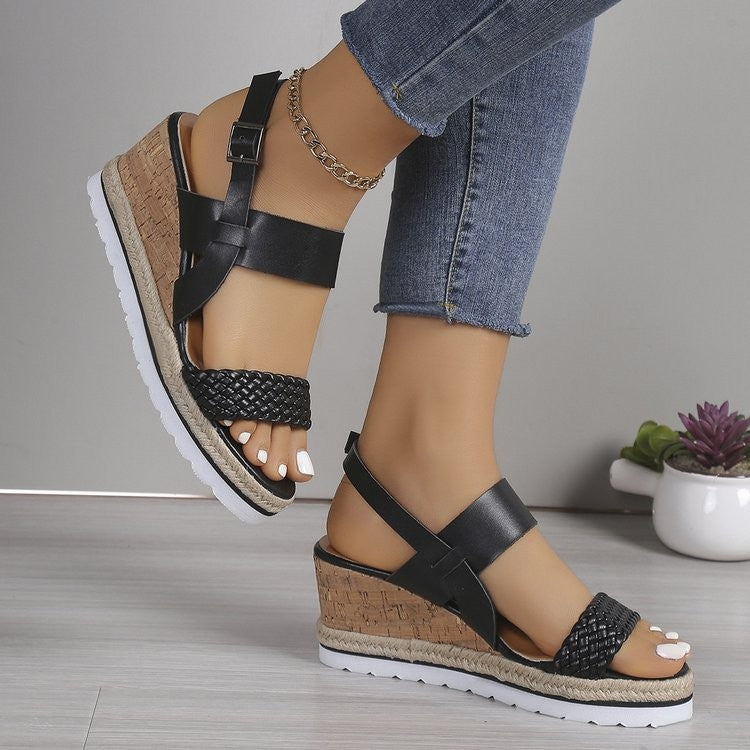PU Leather Woven Wedge Sandals - Fashion BTQ