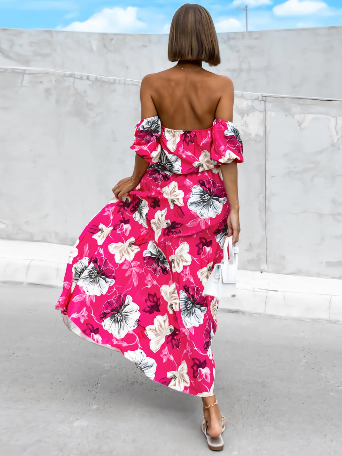 Pleated Floral Off-Shoulder Short Sleeve Midi Dress - Fashion BTQ -  - Fashion BTQ