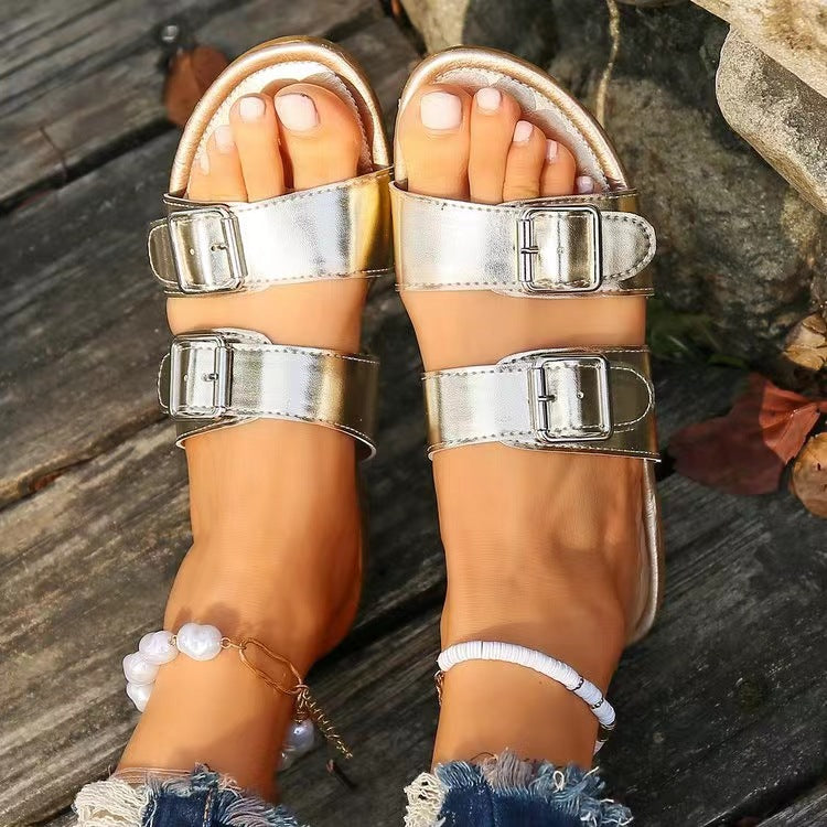 Open Toe Double Buckle Sandals - Fashion BTQ